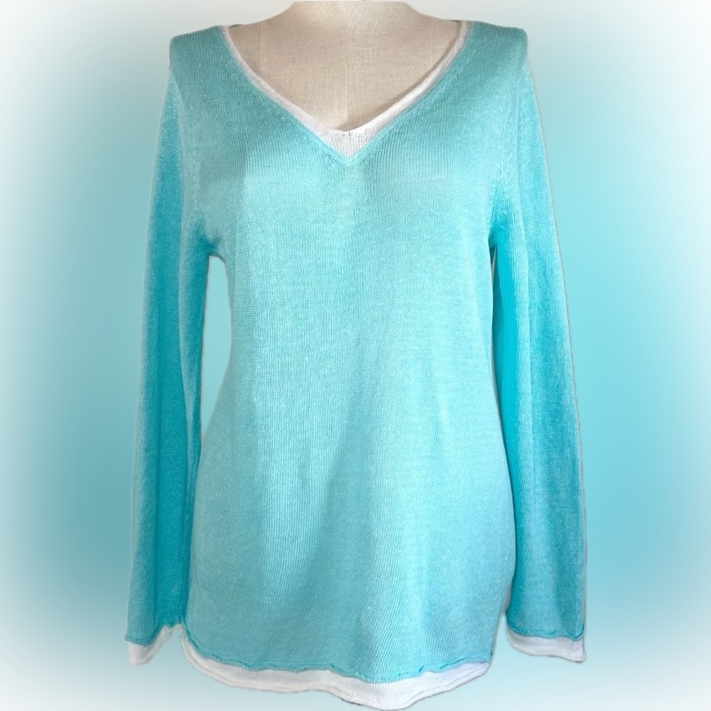 SOFT SURROUNDINGS Lightweight Tunic Sweater Aqua White